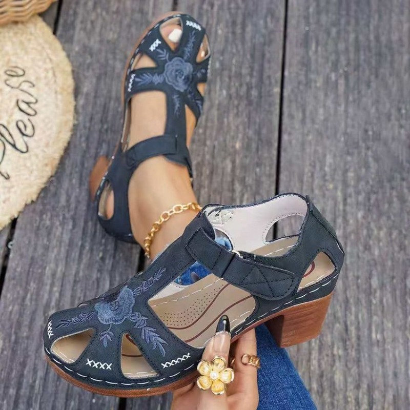 Formal Women Daily Wear Sandals - Kadın Sandaletleri Orta Blok Topuklu Çiçek