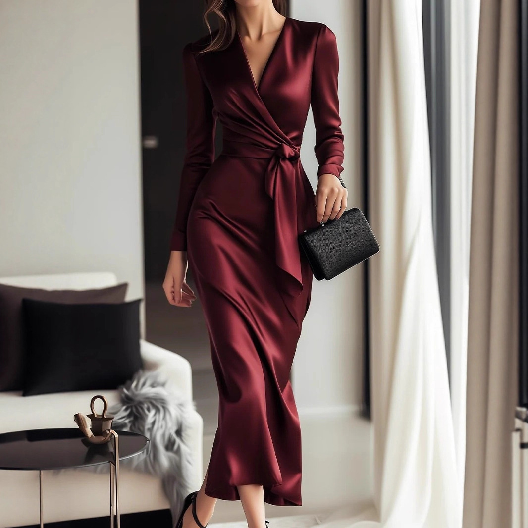Women Formal Wear Trends - Sonbahar Yeni Saten Uzun Kollu Elbise