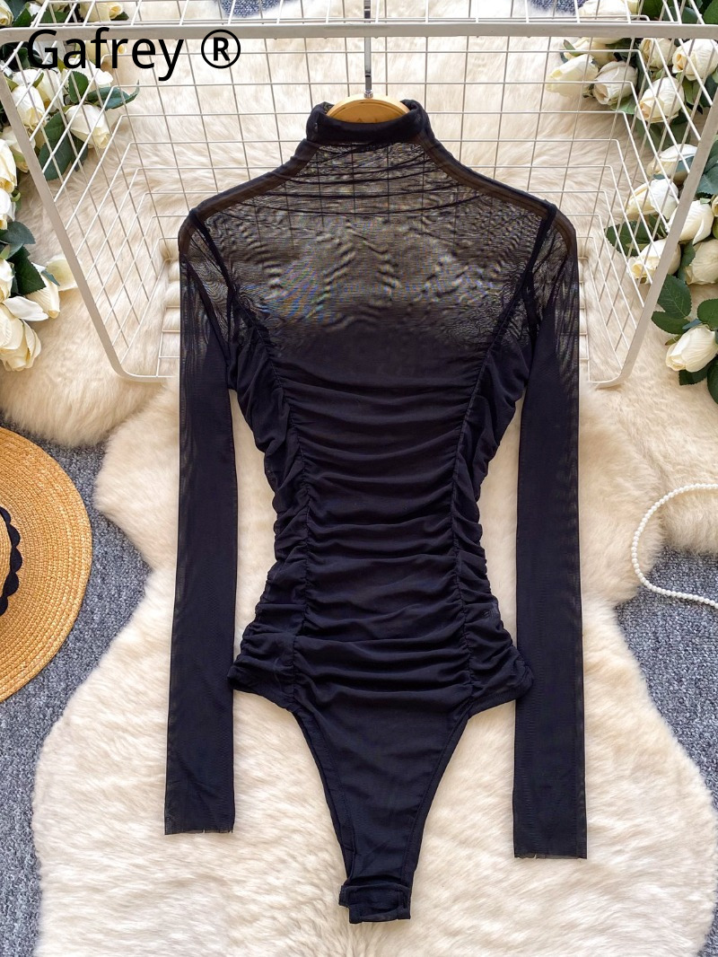 Turtleneck Bodysuit Office - Seksi Gri Fileli Büzgülü Body Kadın