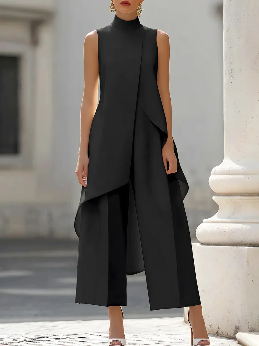 Women'S Elegant Formal Wear - Kolsuz Yüksek Yaka Asimetrik Katmanlı Tulum