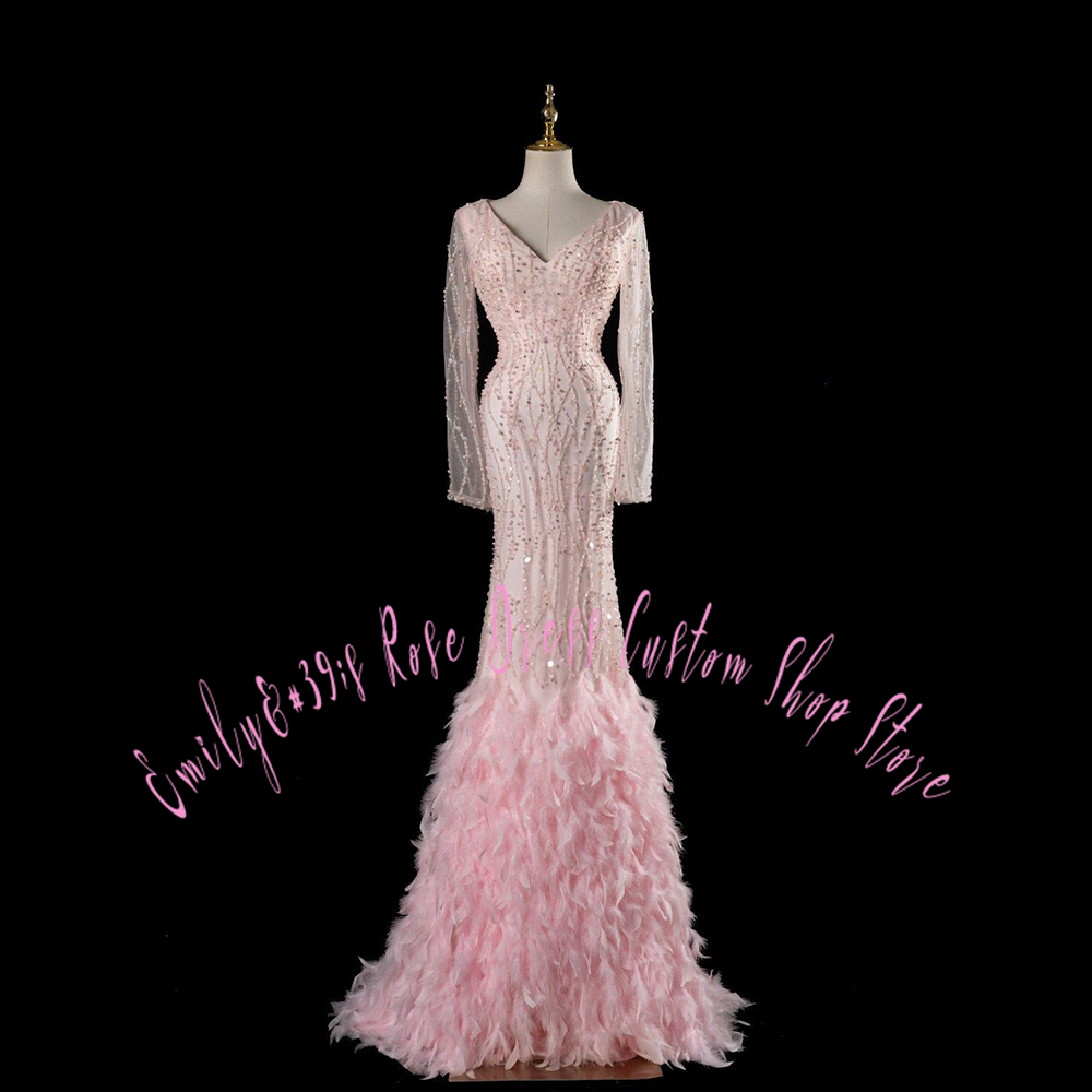 Women Formal Event Wear - Glam Pembe Tüy Trompet Abiye Elbise