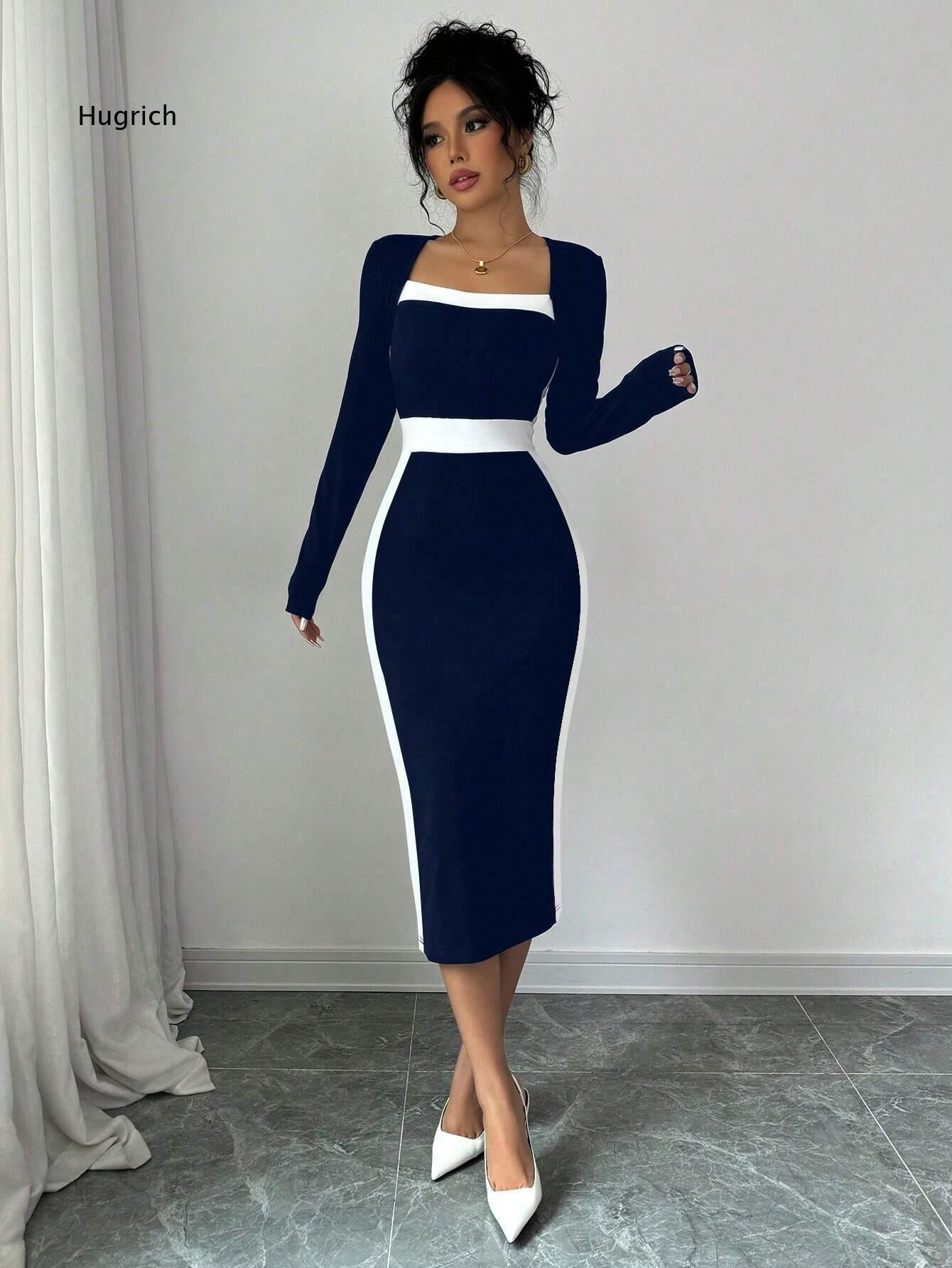 Women Formal Event Wear - Kare Yaka Uzun Kollu Midi Vücut
